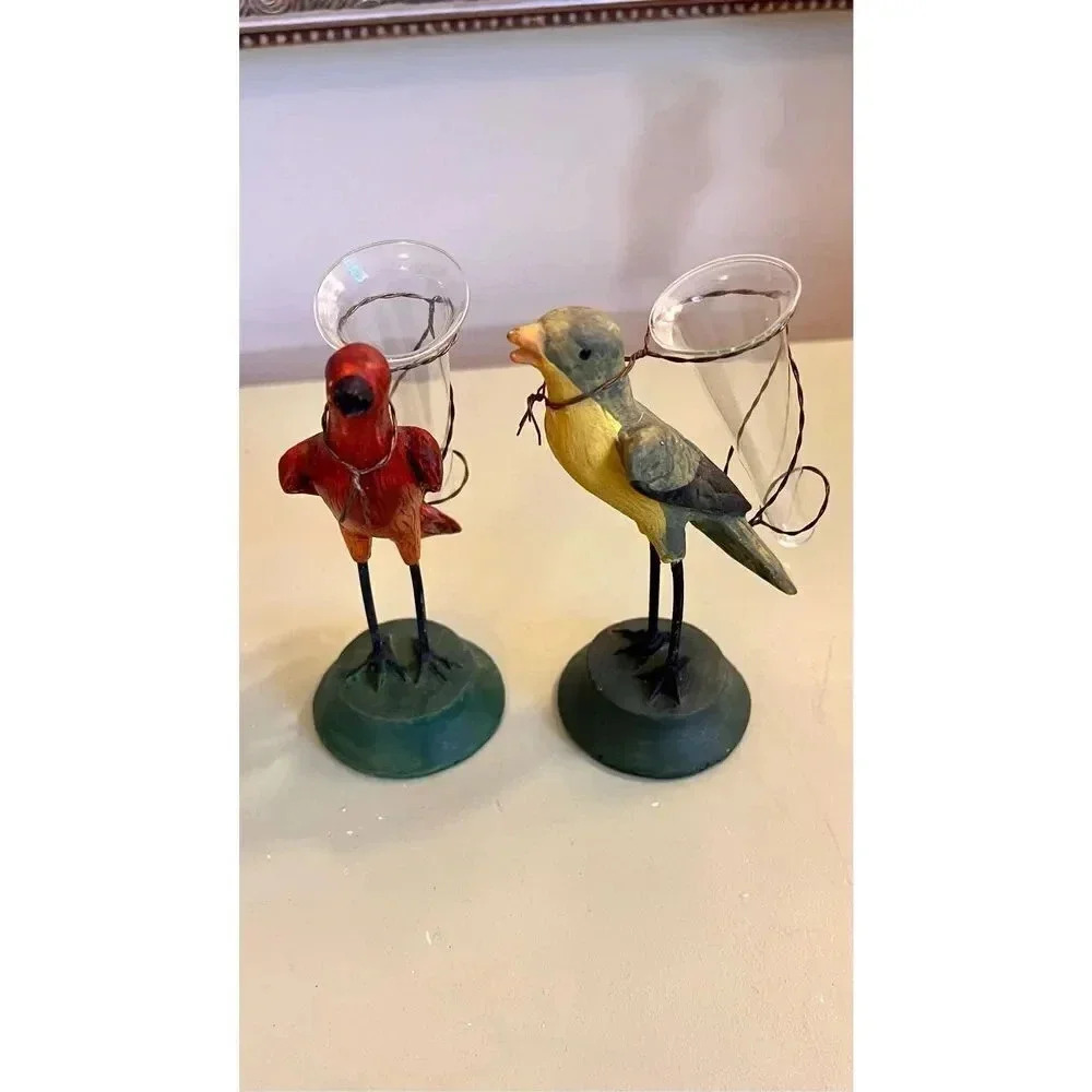 Set of 2 Hand-painted Birds Finch Decorative Vase Candle Holders